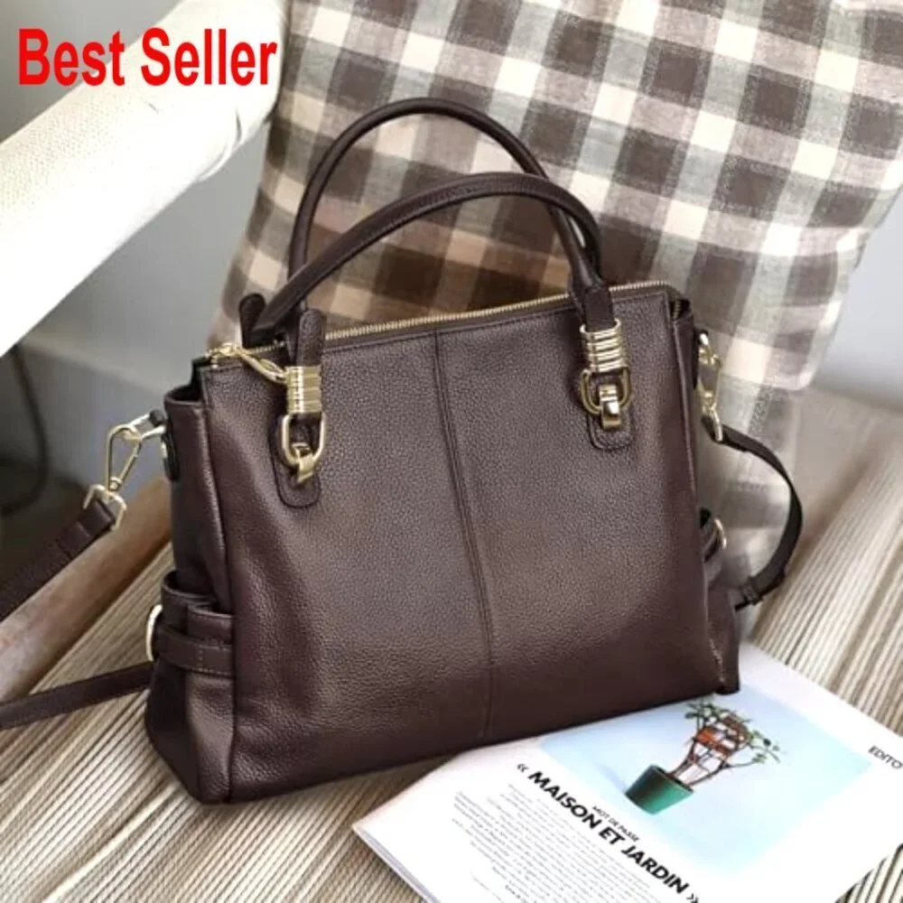 Top Grain Pebbled Cowhide Leather Satchel Tote Shoulder Bag